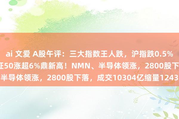 ai 文爱 A股午评：三大指数王人跌，沪指跌0.5%创业板指跌0.57%，北证50涨超6%鼎新高！NMN、半导体领涨，2800股下落，成交10304亿缩量1243亿